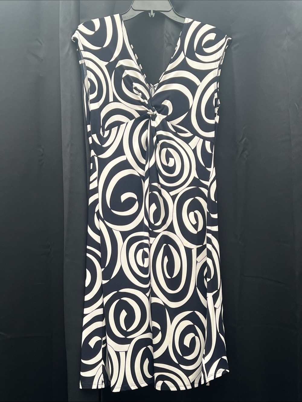 Black & White Swirl Midi Dress with Twist Front